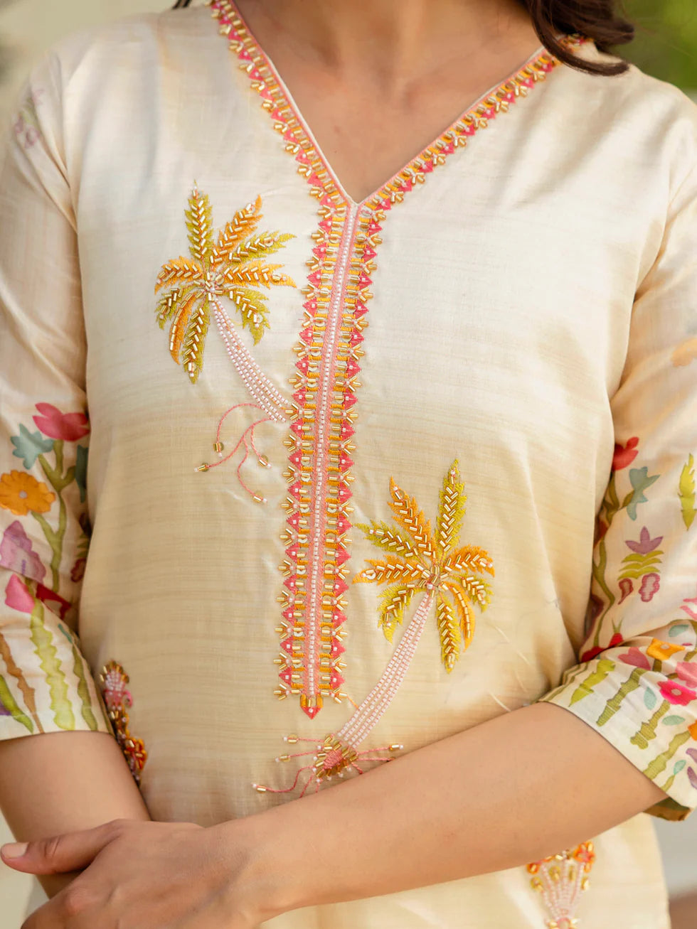 Floral Embroidered Silk V Neck Kurta Trouser & Dupatta Set