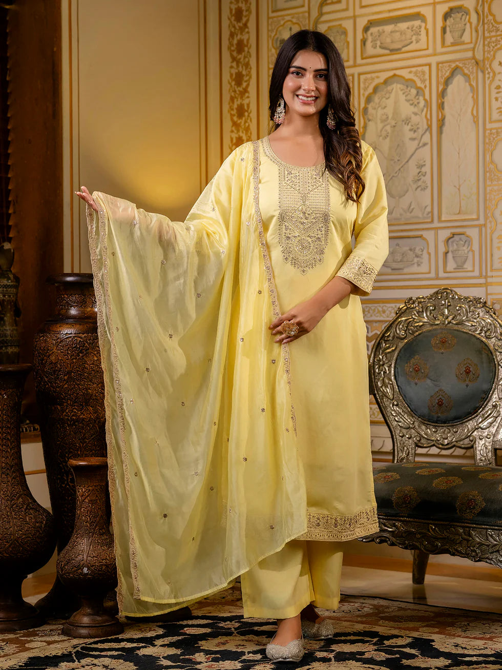 Floral Embroidered Silk Round Neck Kurta Trouser & Dupatta Set