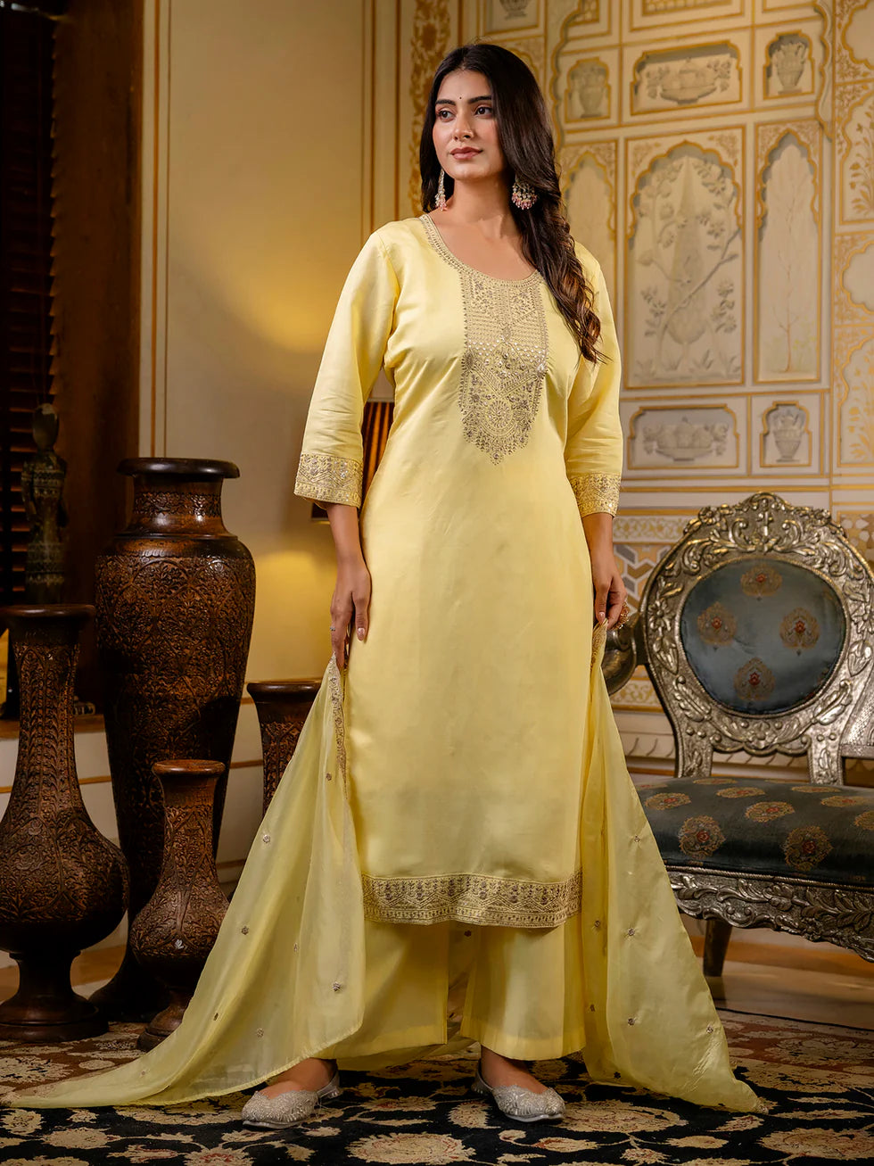 Floral Embroidered Silk Round Neck Kurta Trouser & Dupatta Set