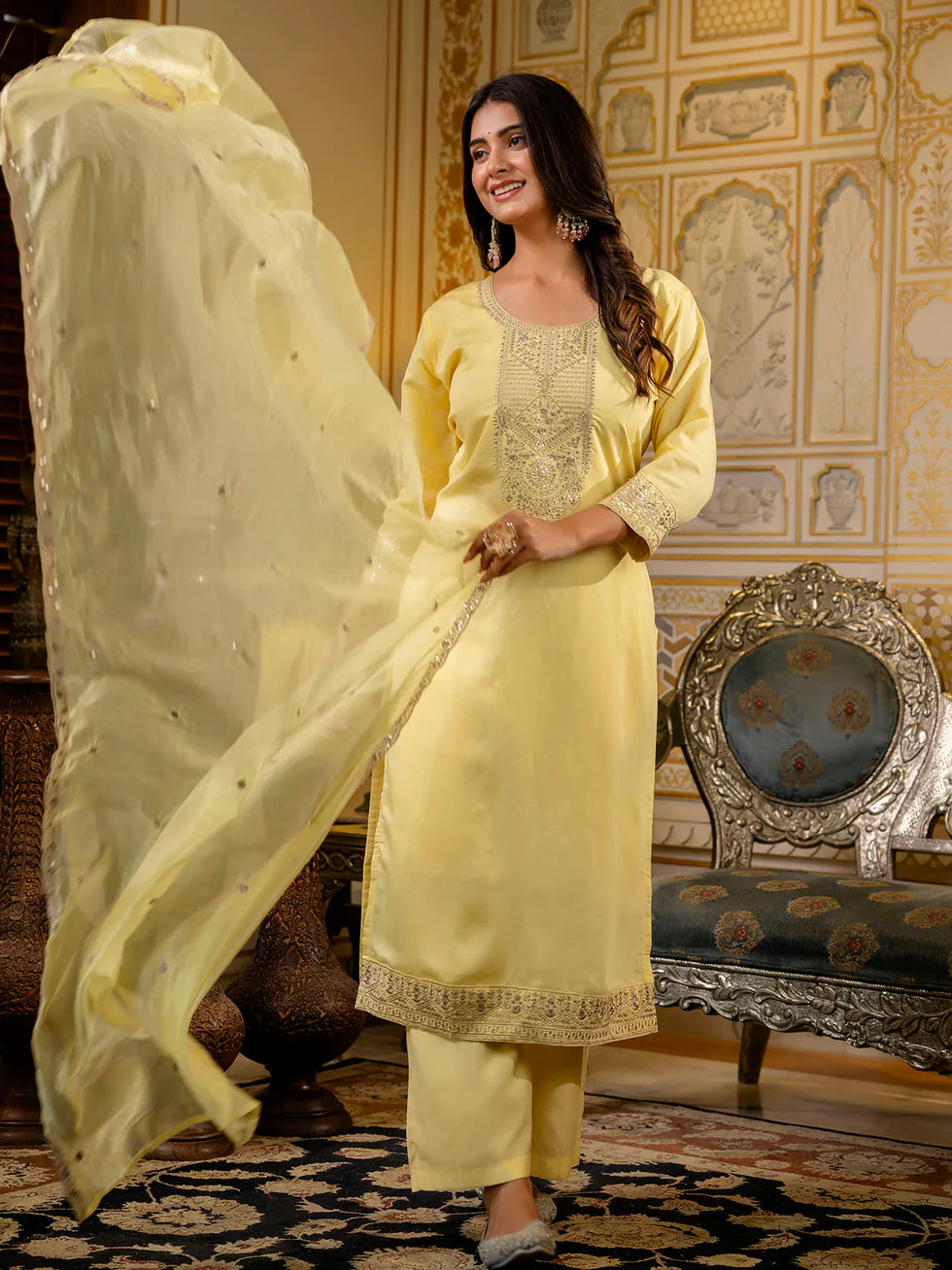 Floral Embroidered Silk Round Neck Kurta Trouser & Dupatta Set