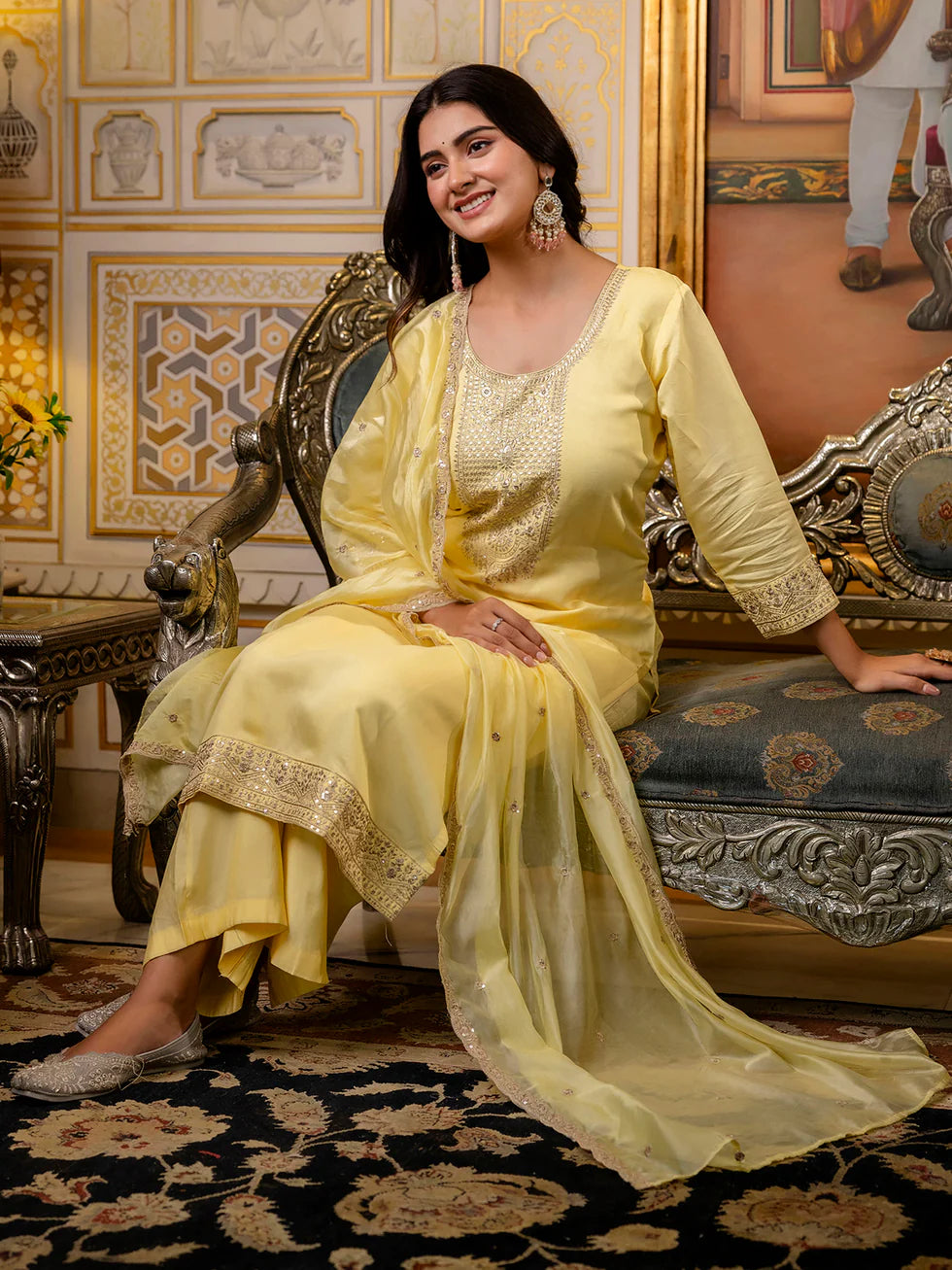 Floral Embroidered Silk Round Neck Kurta Trouser & Dupatta Set