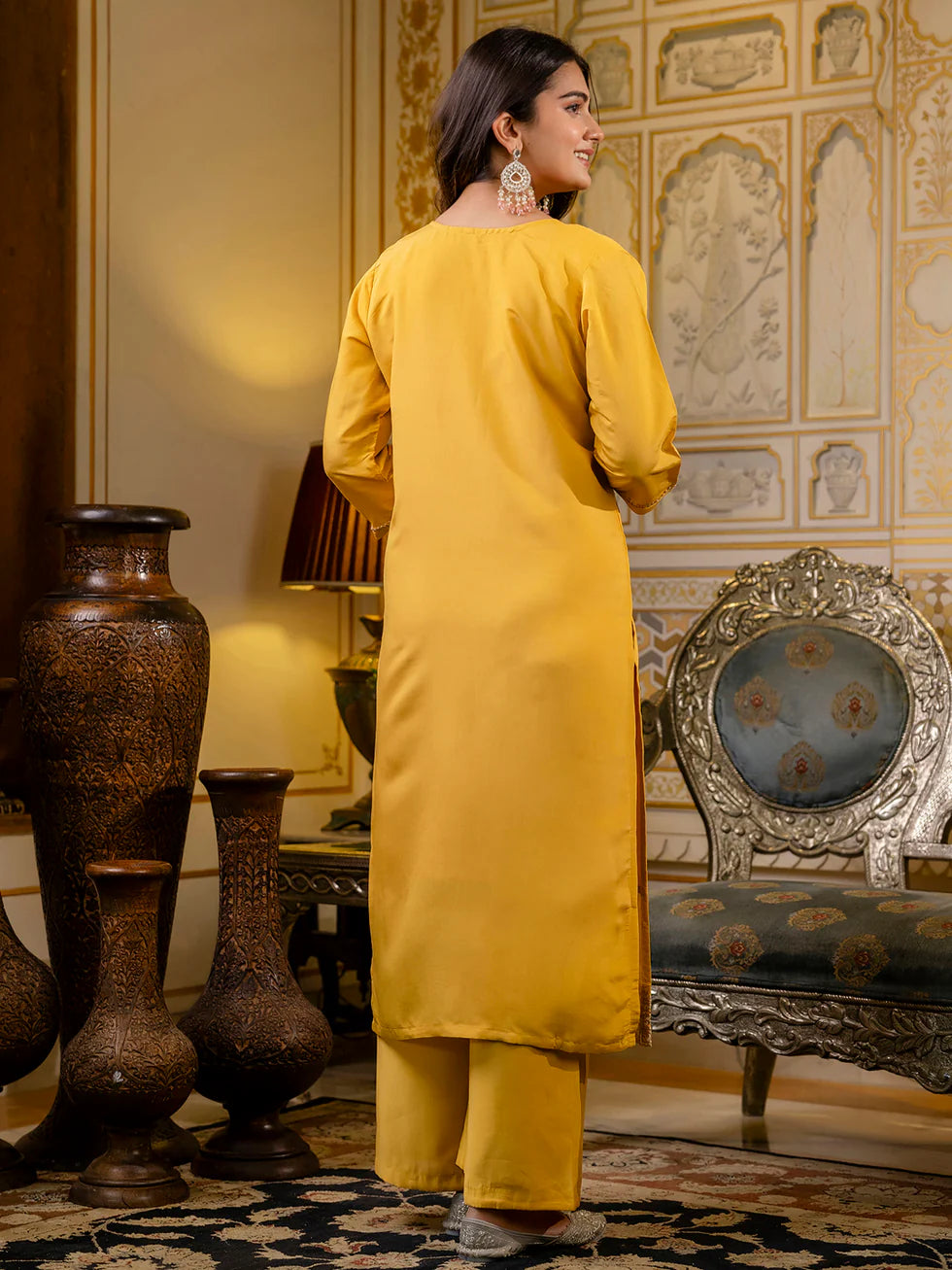 Floral Embroidered Silk Round Neck Kurta Trouser & Dupatta Set