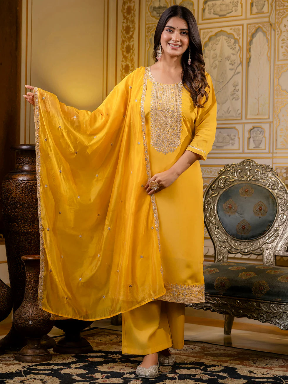 Floral Embroidered Silk Round Neck Kurta Trouser & Dupatta Set