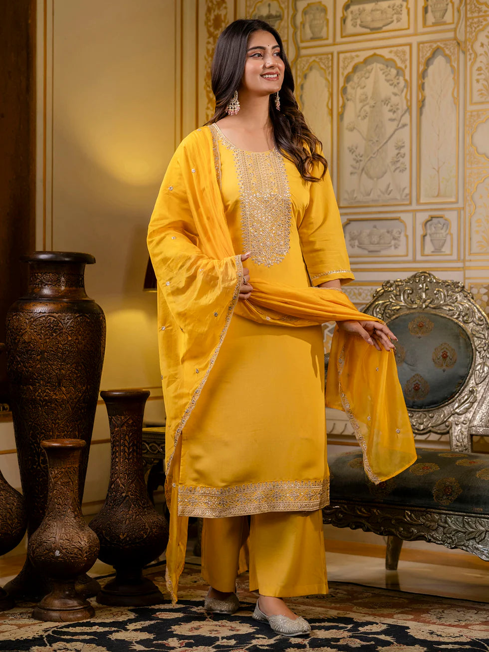 Floral Embroidered Silk Round Neck Kurta Trouser & Dupatta Set