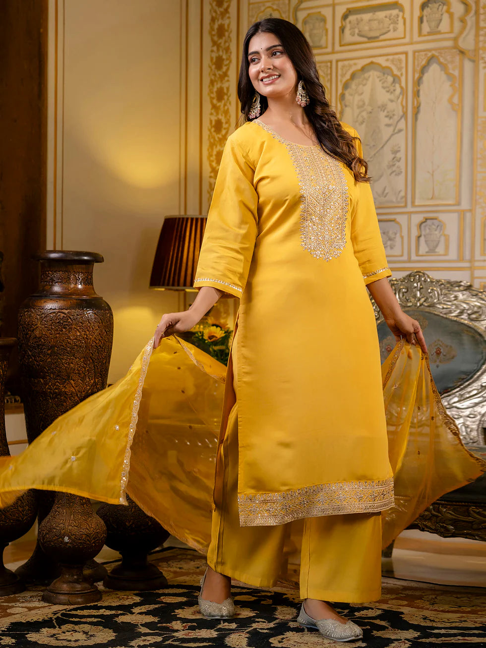 Floral Embroidered Silk Round Neck Kurta Trouser & Dupatta Set