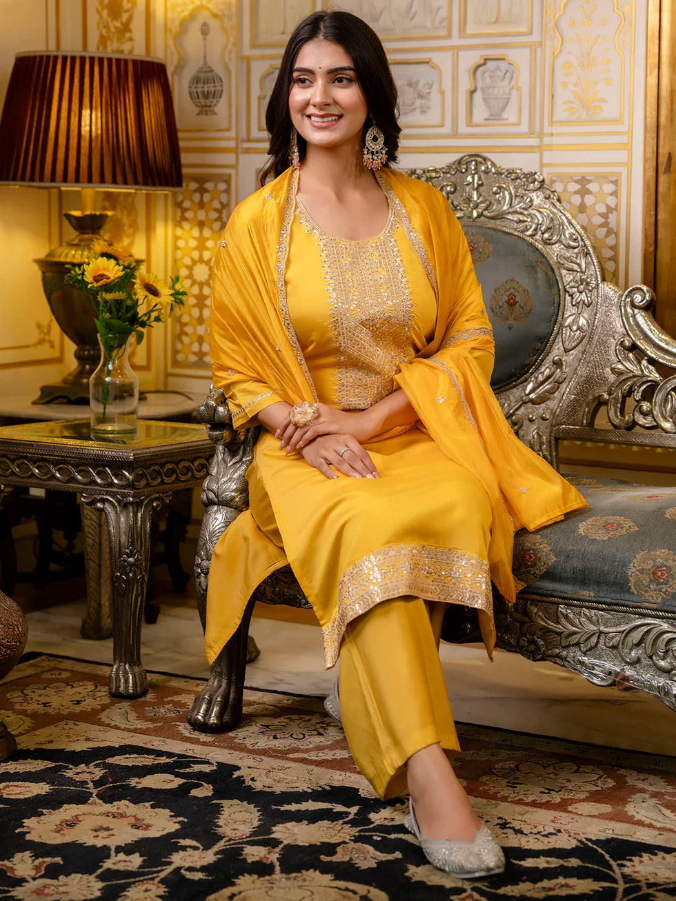 Floral Embroidered Silk Round Neck Kurta Trouser & Dupatta Set