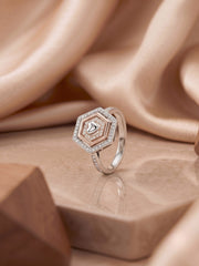 925 Sterling Silver Hexagon Heart Geometric Ring for Women