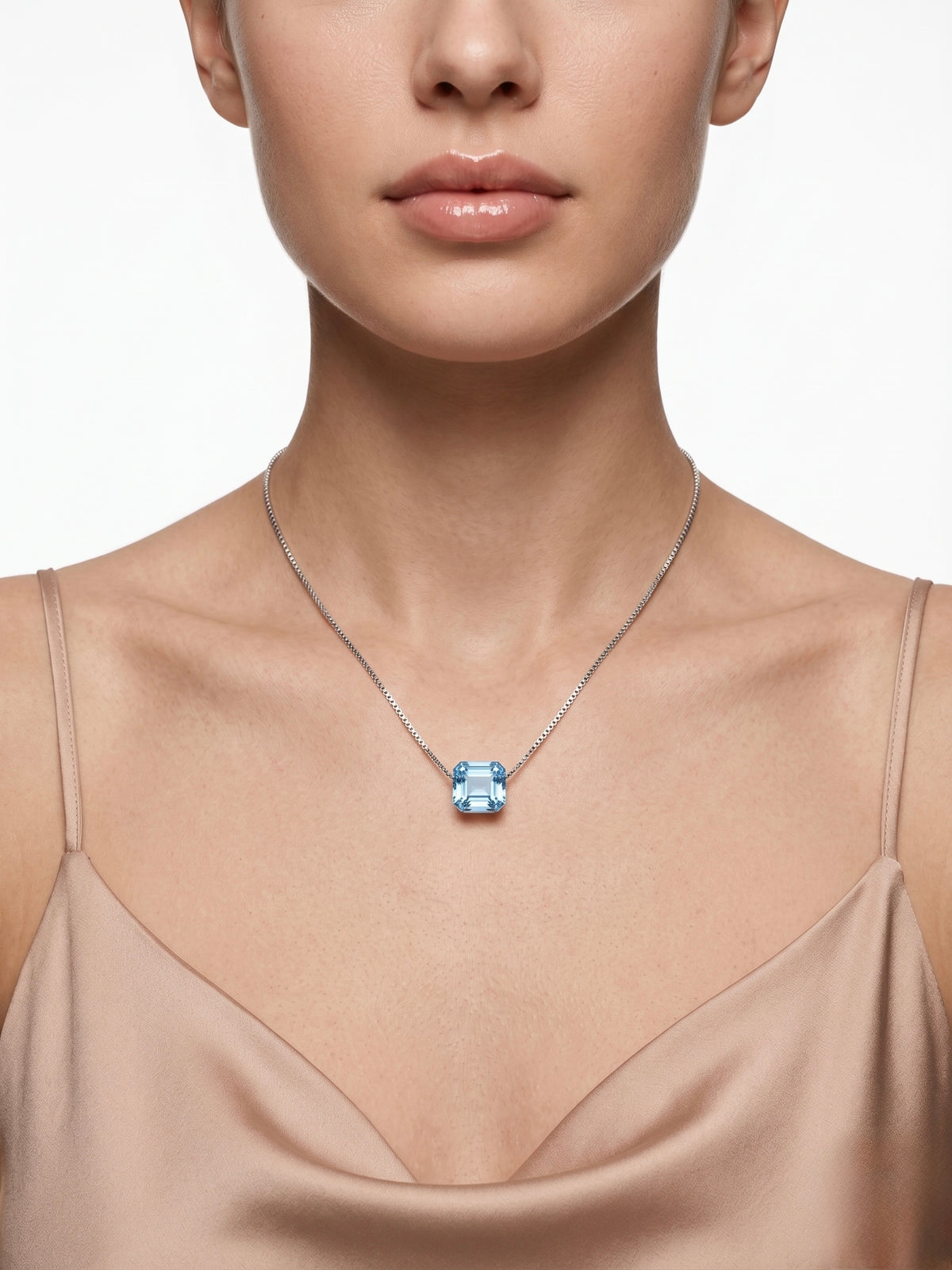 925 Sterling Silver Emerald-Cut Blue Solitaire Pendant Necklace for Women