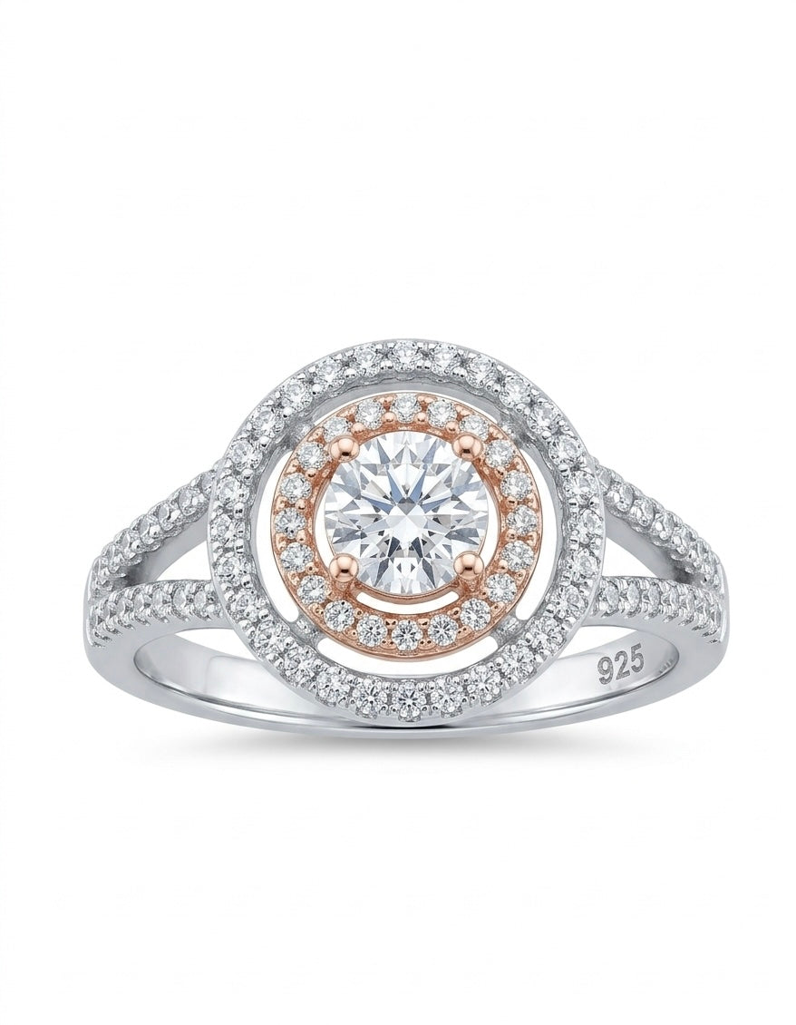 925 Sterling Silver Rose Gold Double Halo Ring for Women
