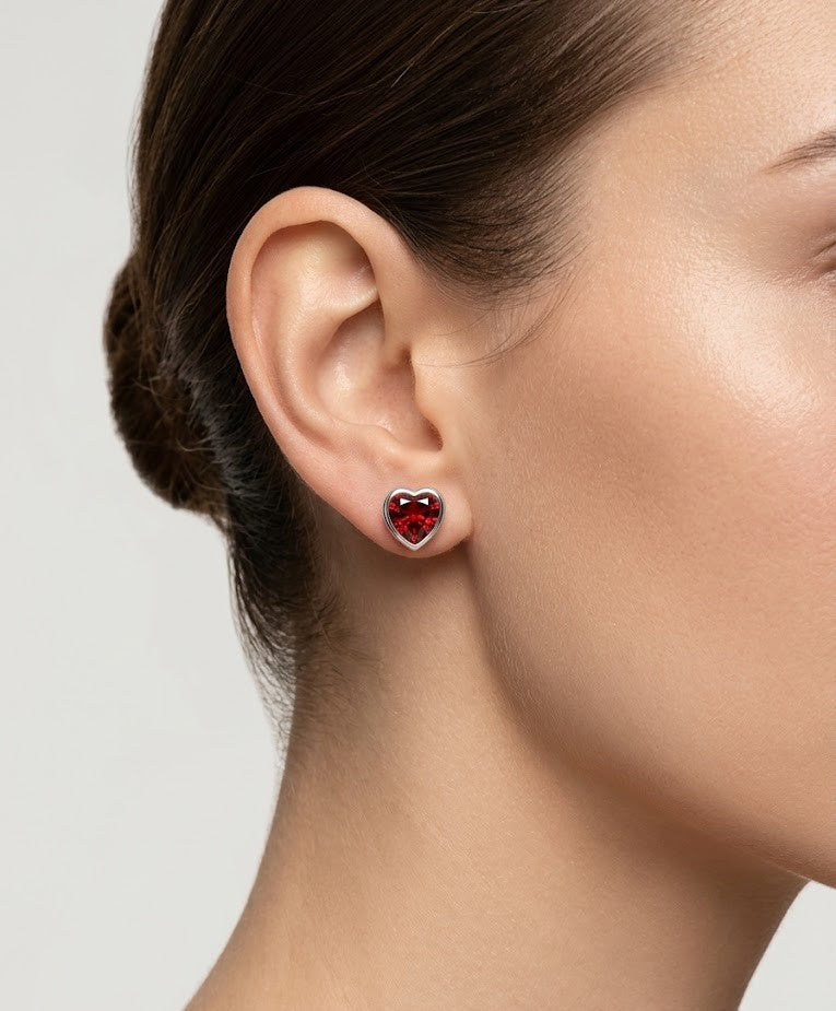 925 Silver Heart Ruby Stud Earrings for Women