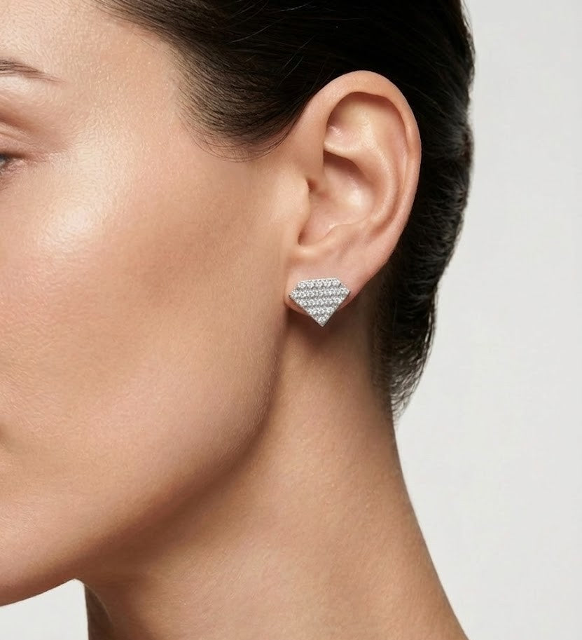 925 Silver Earrings Diamond Shape Lattice Stud Earrings for Women