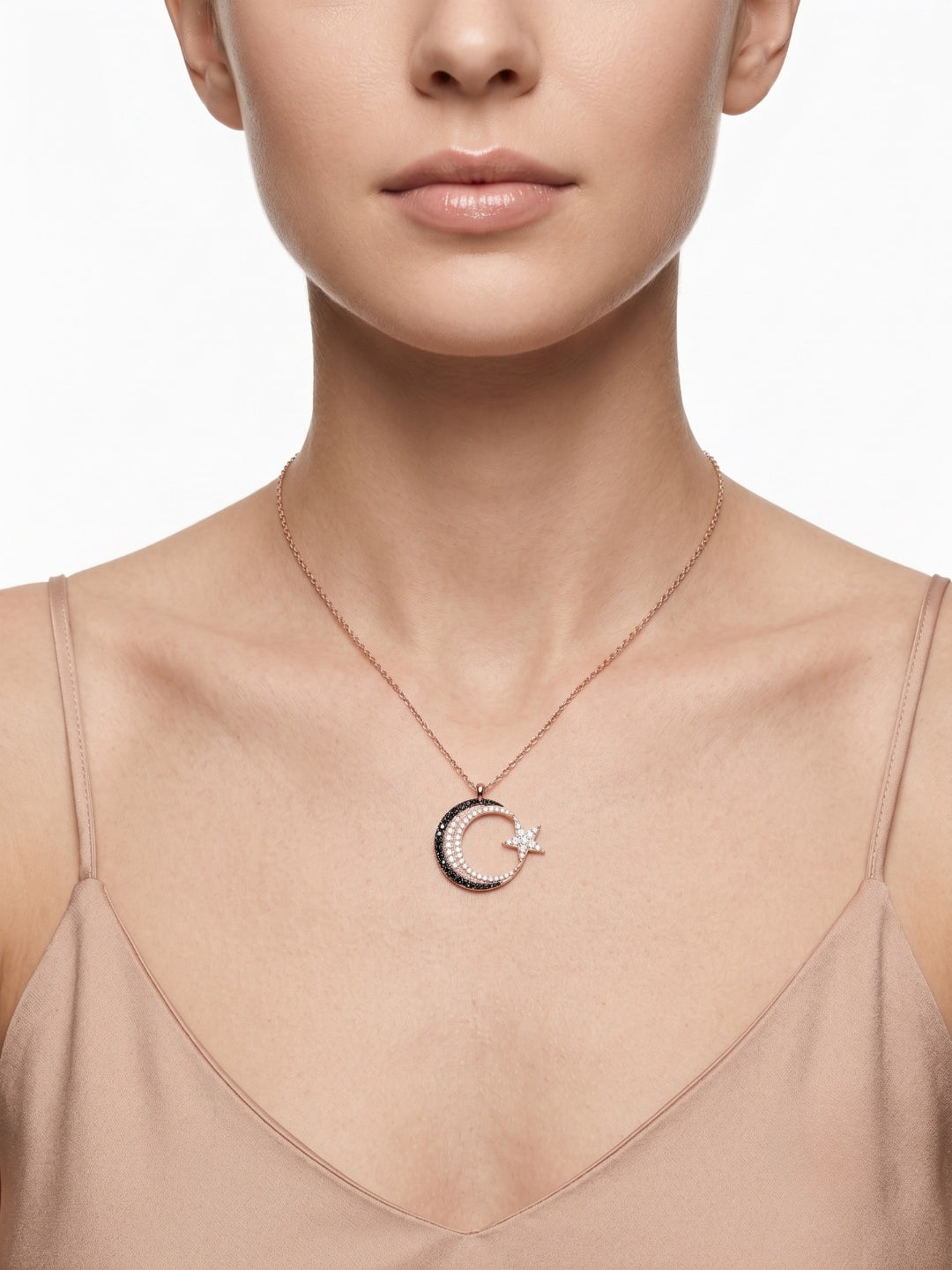 925 Sterling Silver Luna Noir Crescent Star Necklace for Women
