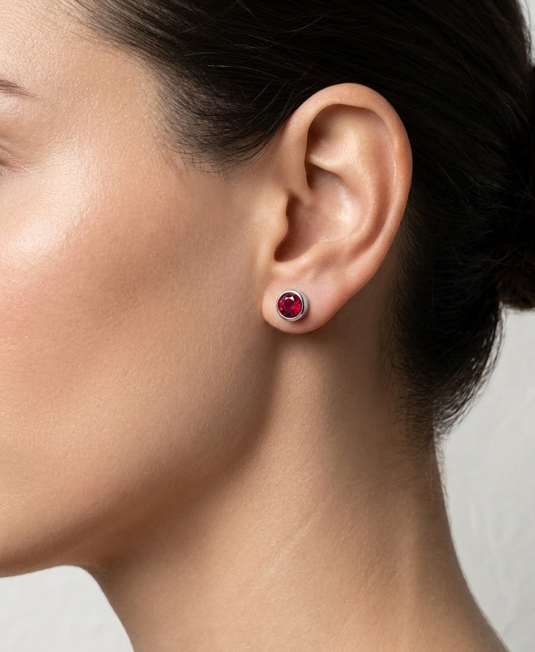 925 Silver Round Ruby Stud Earrings for Women