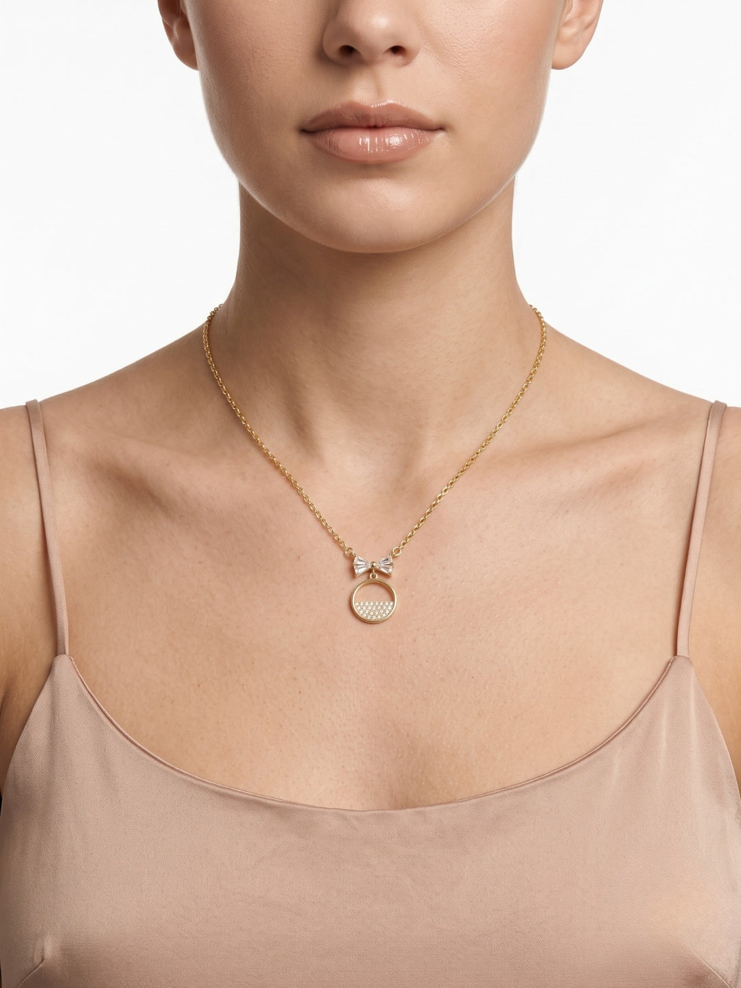 925 Sterling Silver Golden Bow Circle Necklace for Women