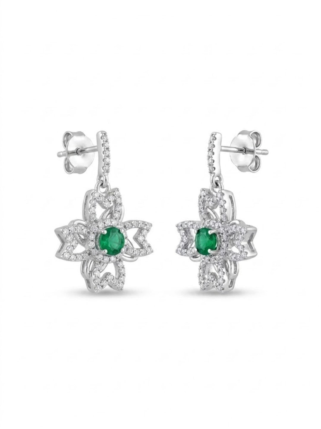 925 Silver Emerald Flower Drop Earrings for Women