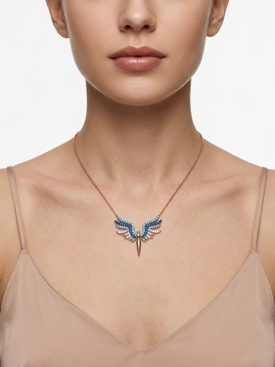 925 Sterling Silver Rose Gold Turquoise & Sapphire Blue Winged Necklace for Women