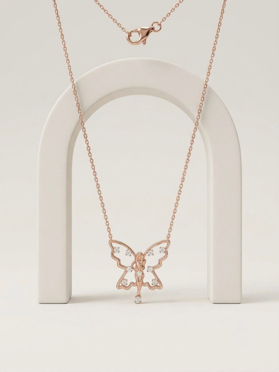 925 Sterling Silver Dainty Rose Gold Butterfly Fairy Pendant Necklace for Women