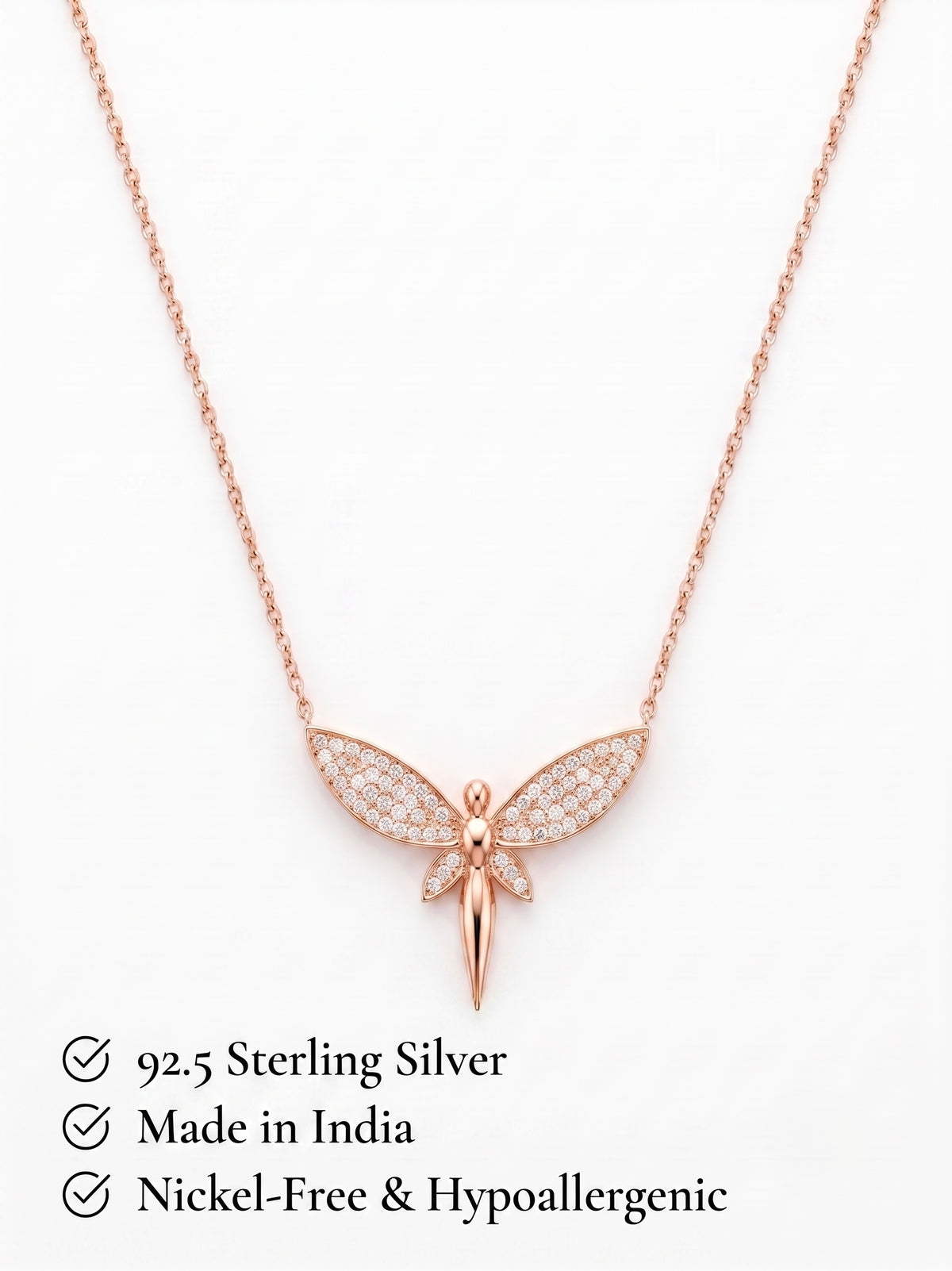 925 Sterling Silver Rose Gold Pavé Dragonfly Pendant Necklace for Women