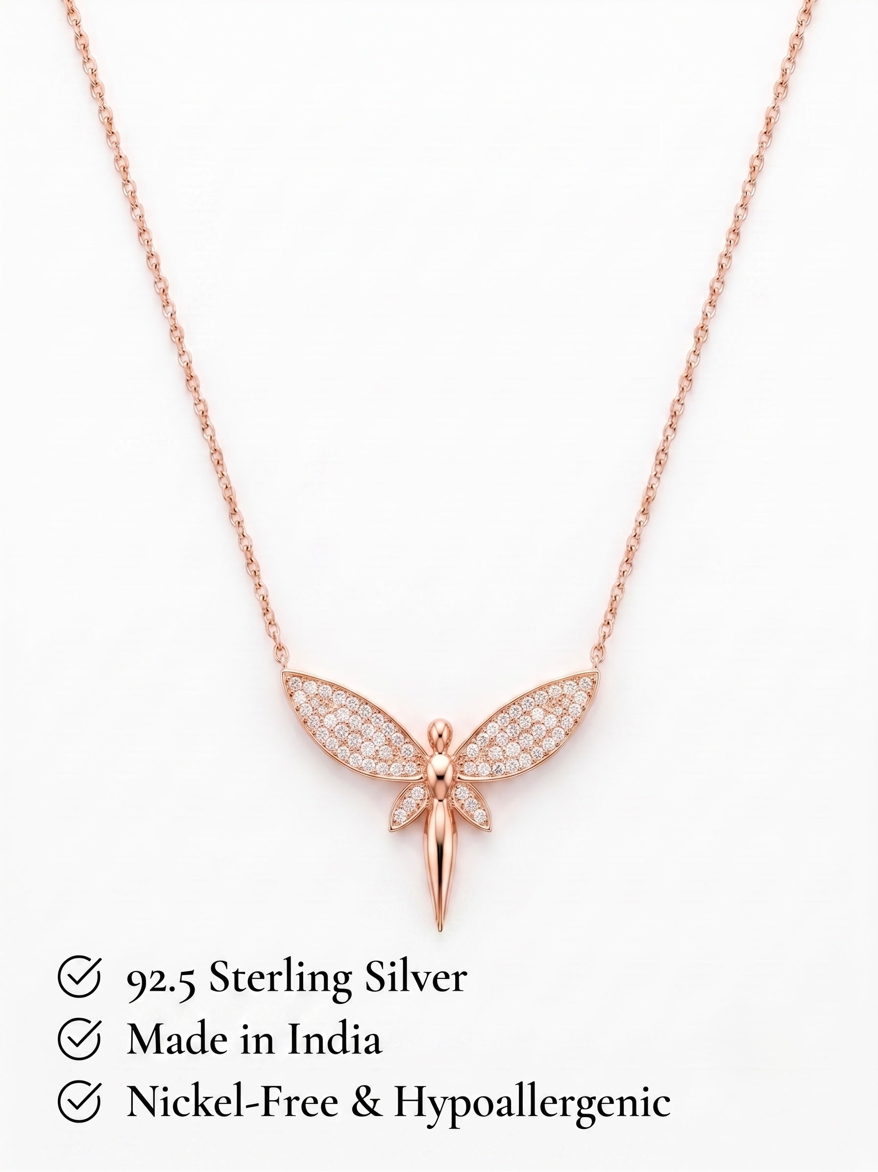 925 Sterling Silver Rose Gold Pavé Dragonfly Pendant Necklace for Women