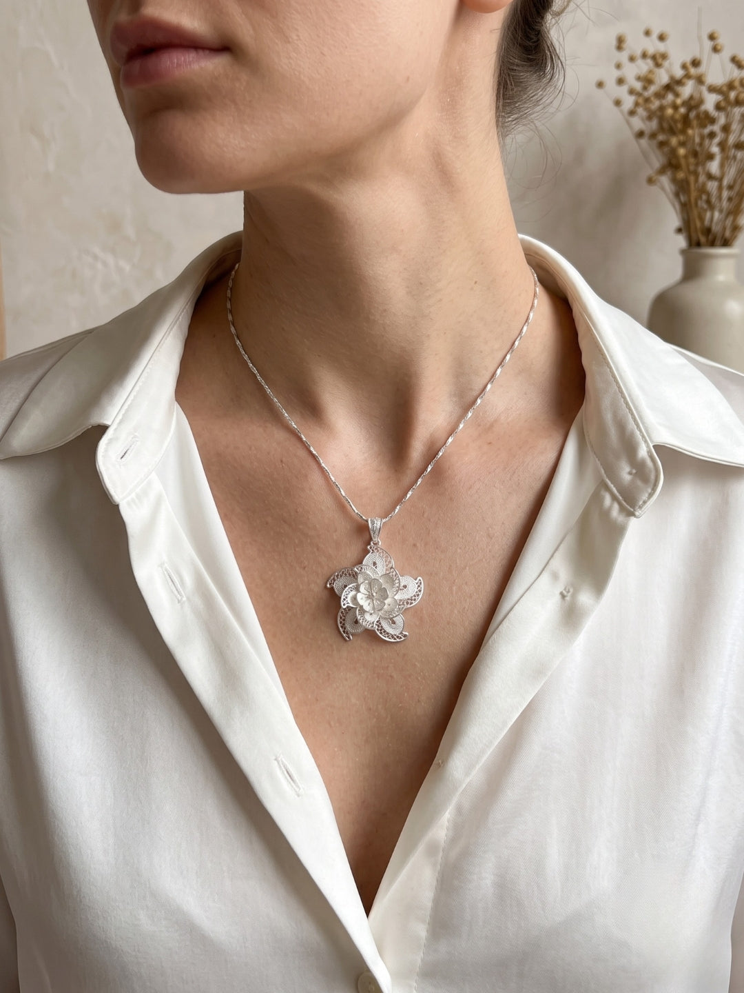 925 Sterling Silver Rose Bloom Filigree Pendant For Women