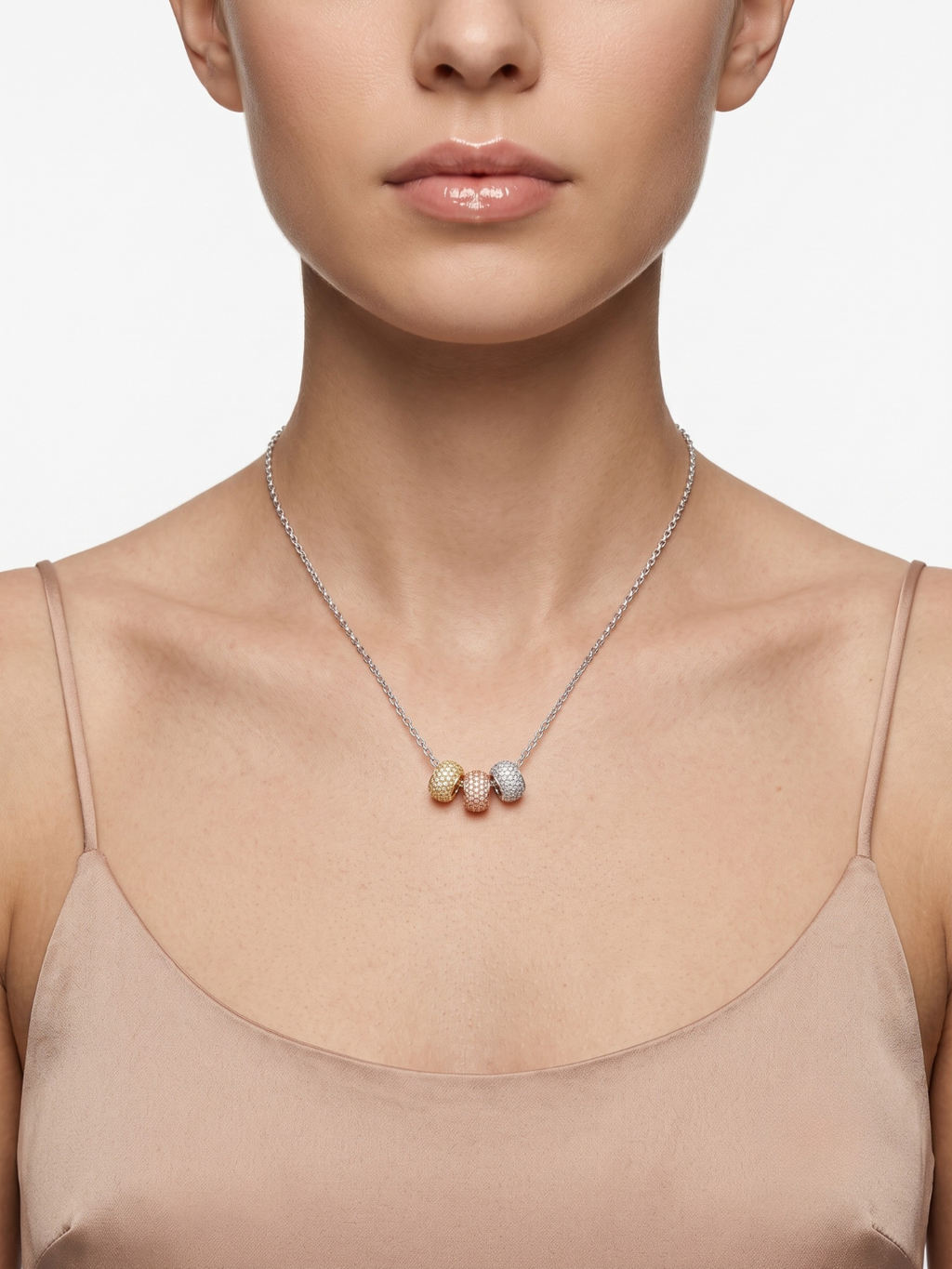 925 Sterling Silver Tri-Color Pavé CZ Bead Pendant Necklace for Women