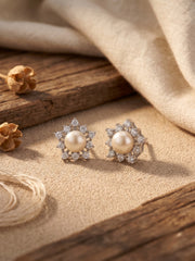 925 Silver Pearl Flower Stud Earrings for Women