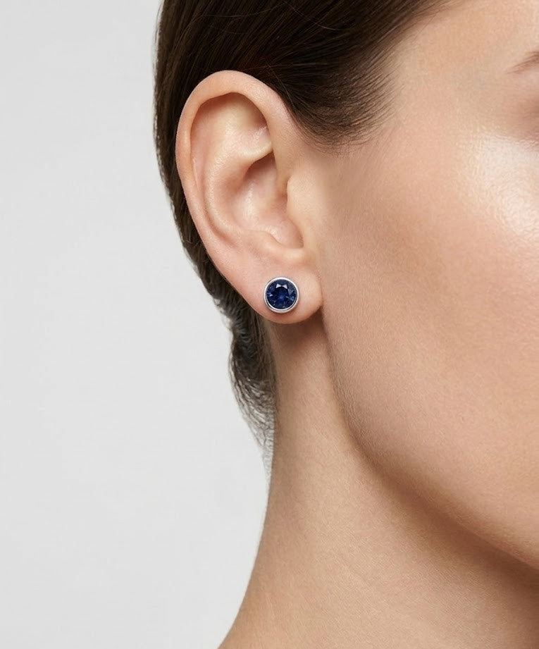 925 Silver Round Blue Stud Earrings for Women