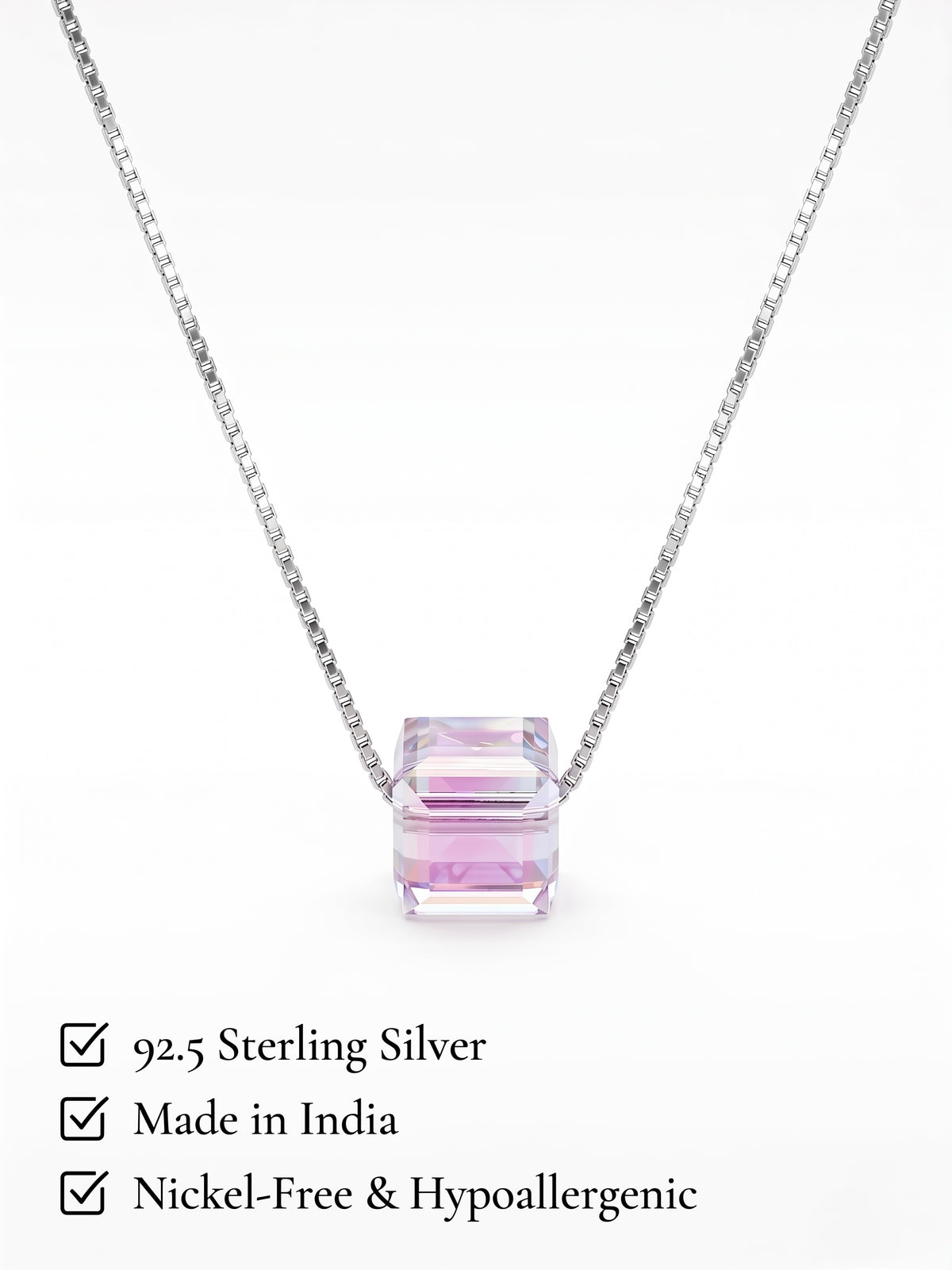 925 Sterling Silver Prism Glow Crystal Cube Necklace for Women