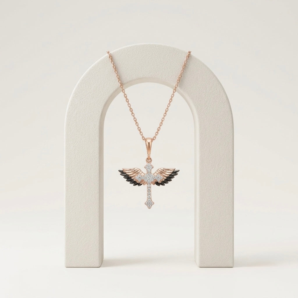 925 Sterling Silver Rose Gold Angel Winged Cross Pendant Necklace for women