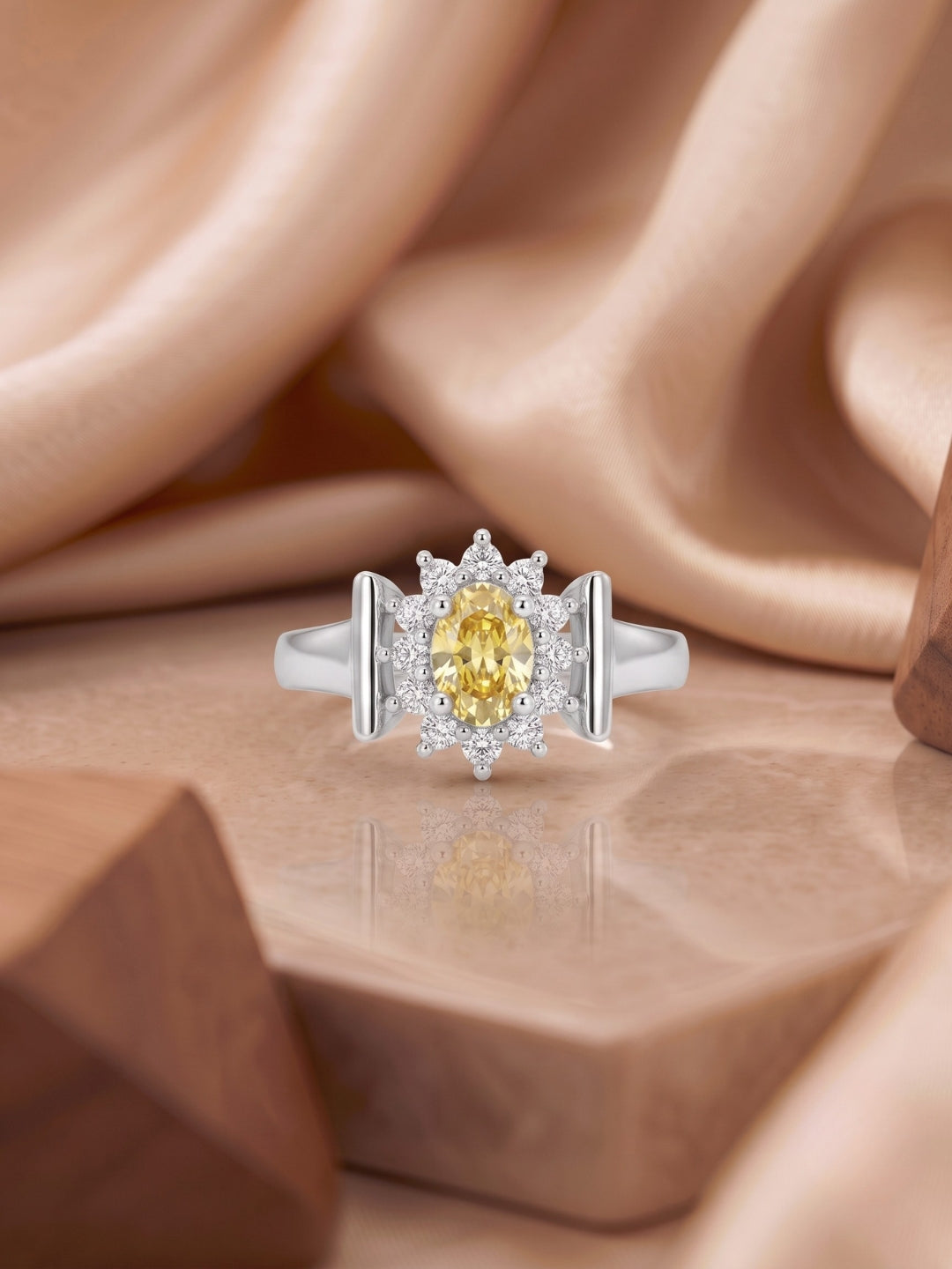 925 Sterling Silver Yellow Oval Halo Cocktail Ring for Women