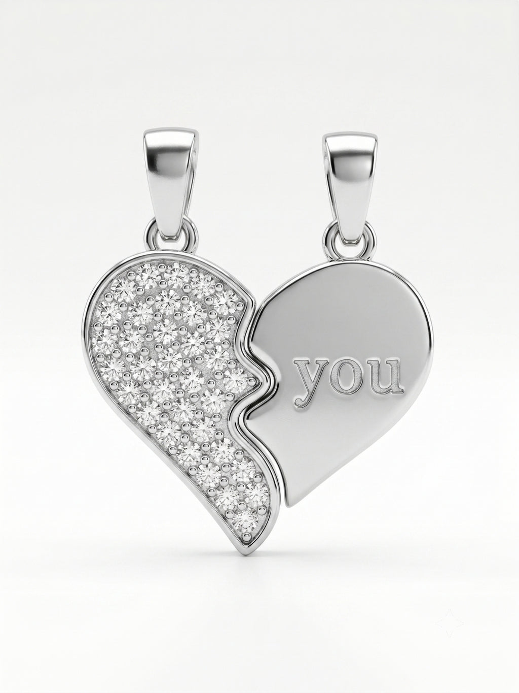 925 Sterling Silver Split Heart "You" Couple Pendant Without Chain