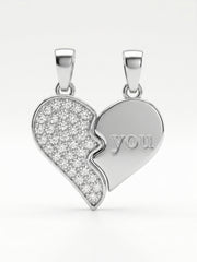 925 Sterling Silver Split Heart "You" Couple Pendant Without Chain