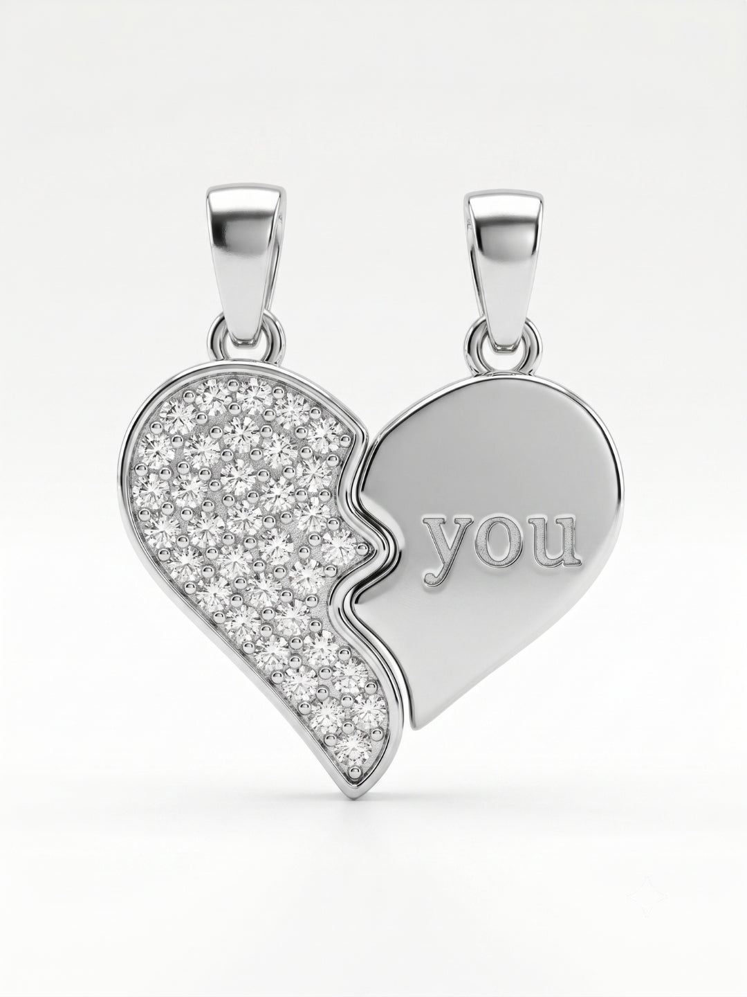 925 Sterling Silver Split Heart "You" Couple Pendant Without Chain