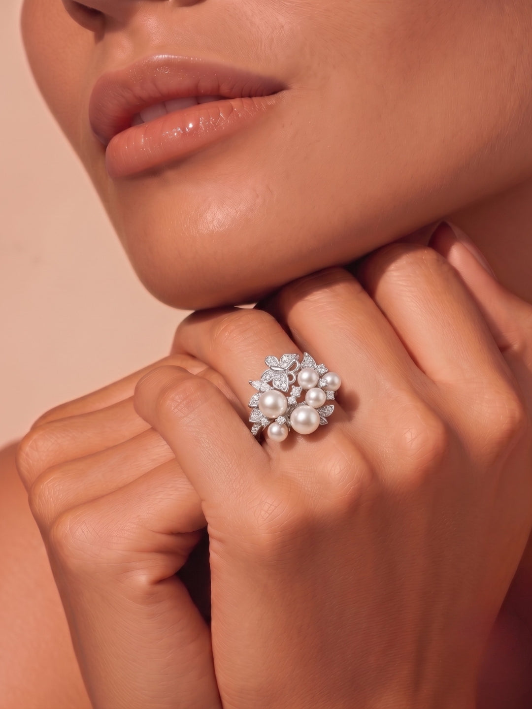 925 Sterling Silver Freshwater Pearl Floral Statement Ring for Women