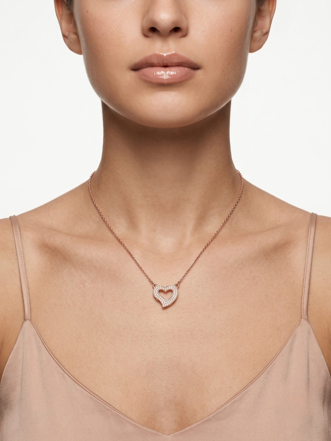925 Sterling Silver Rose Gold Open Heart CZ Necklace for Women