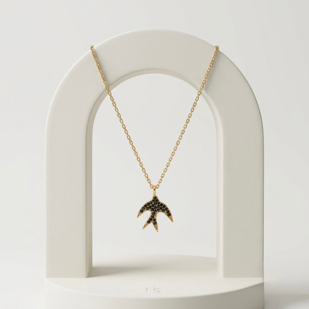 925 Sterling Silver Sparkling Black Spinel Bird Pendant Necklace for Women