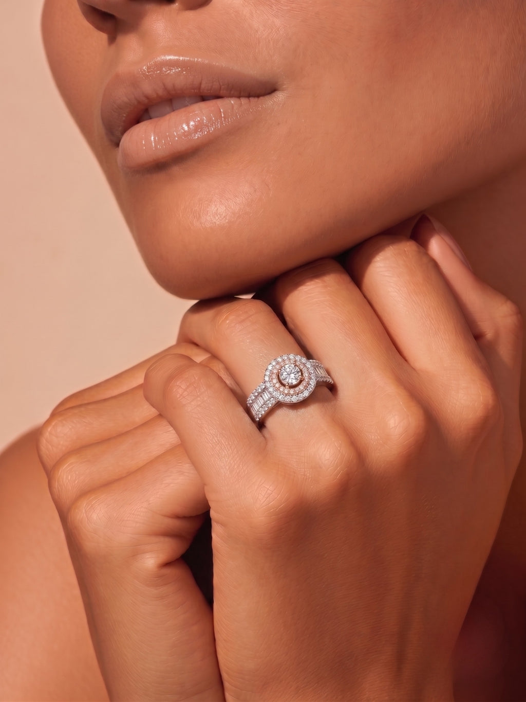 925 Sterling Silver Rose Gold Halo Baguette Ring for Women