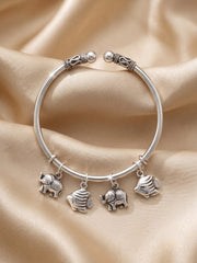 92.5 Sterling Silver Elephant & Fish Charm Silver Open Cuff Bracelet for Women