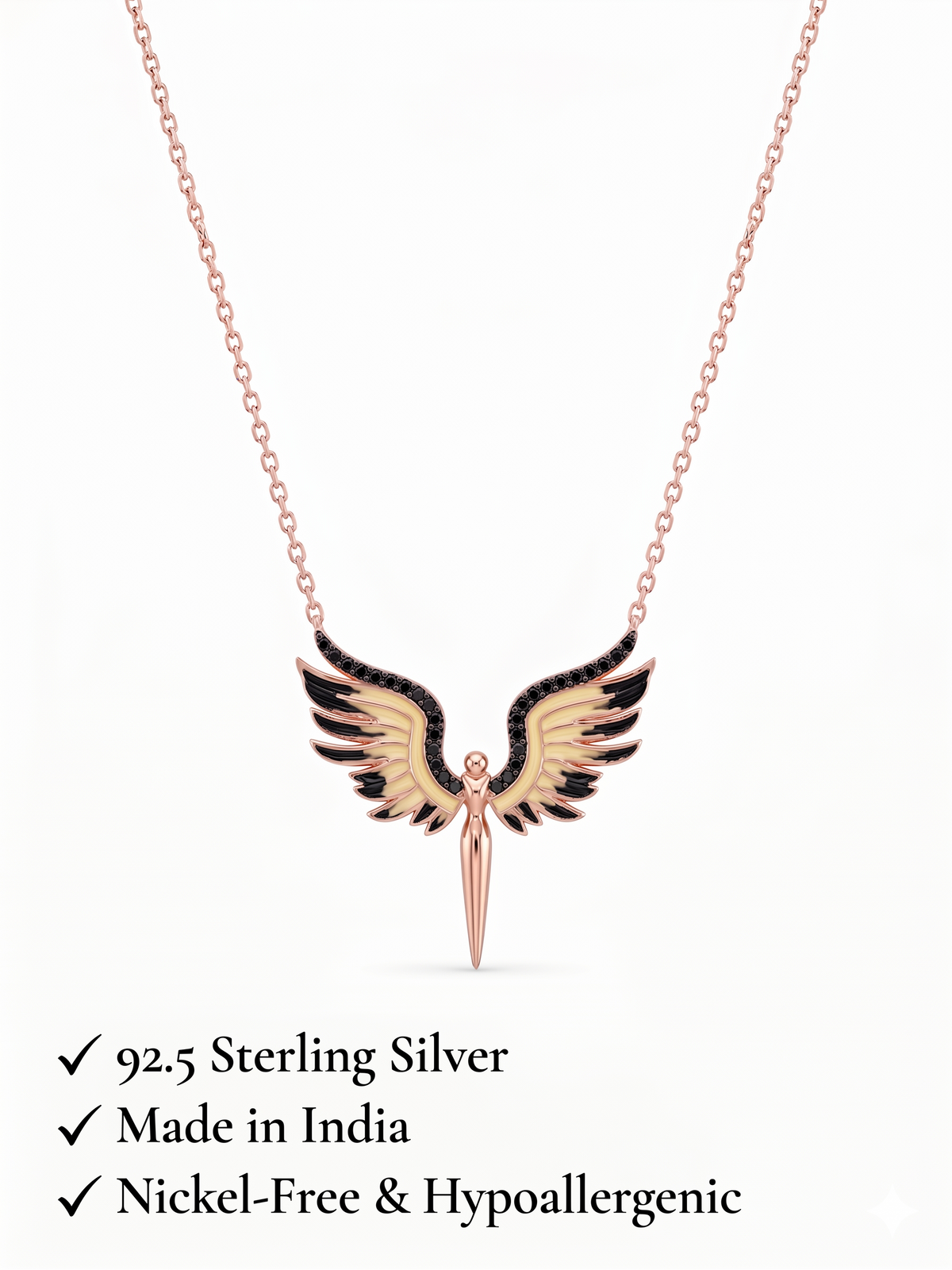 925 Sterling Silver Rose Gold Angel Wings Pendant Necklace for Women