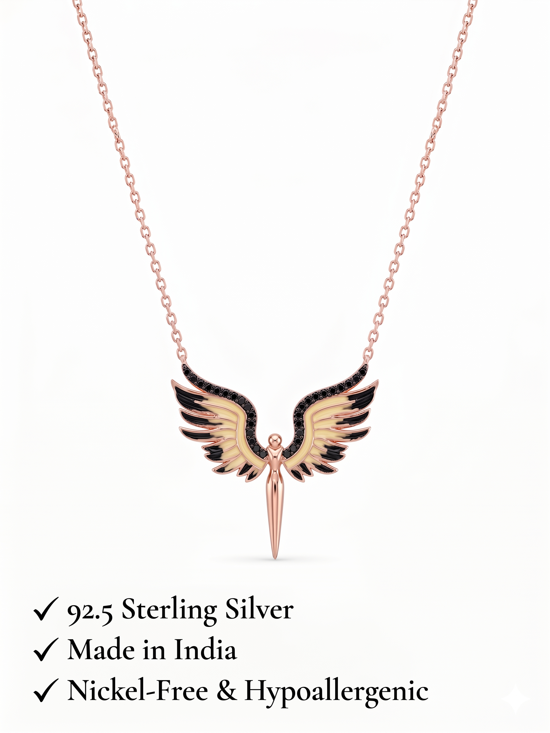 925 Sterling Silver Rose Gold Angel Wings Pendant Necklace for Women