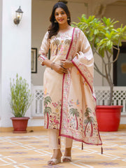 Aarini Beige Tropical Printed Kurta Set with Scenic Dupatta