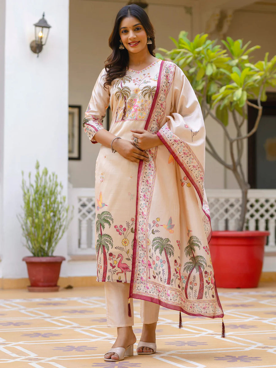 Aarini Beige Tropical Printed Kurta Set with Scenic Dupatta