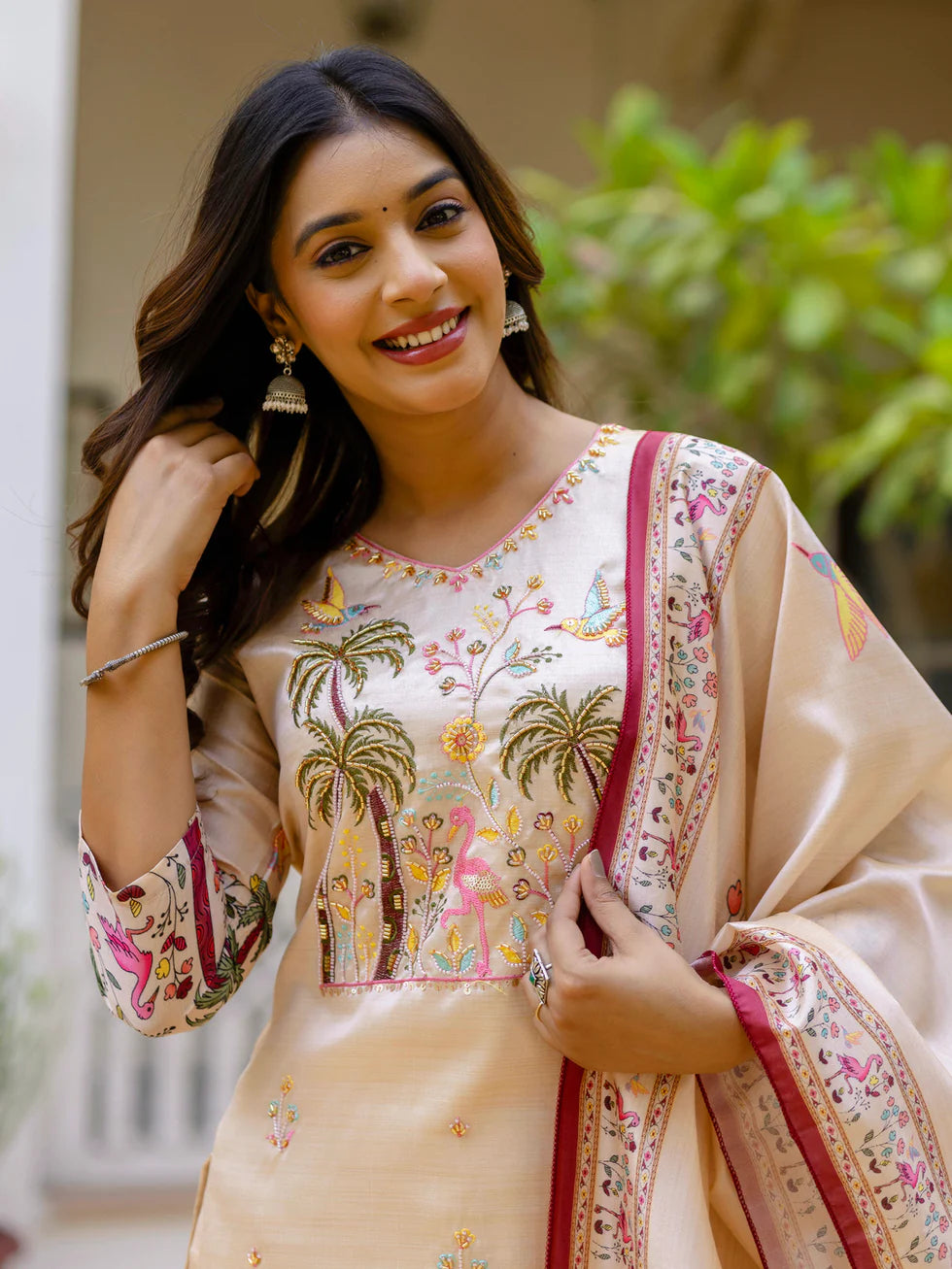 Floral Embroidered Silk V Neck Kurta Trouser & Dupatta Set