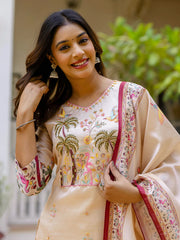 Aarini Beige Tropical Printed Kurta Set with Scenic Dupatta