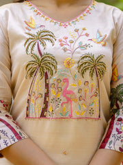 Aarini Beige Tropical Printed Kurta Set with Scenic Dupatta