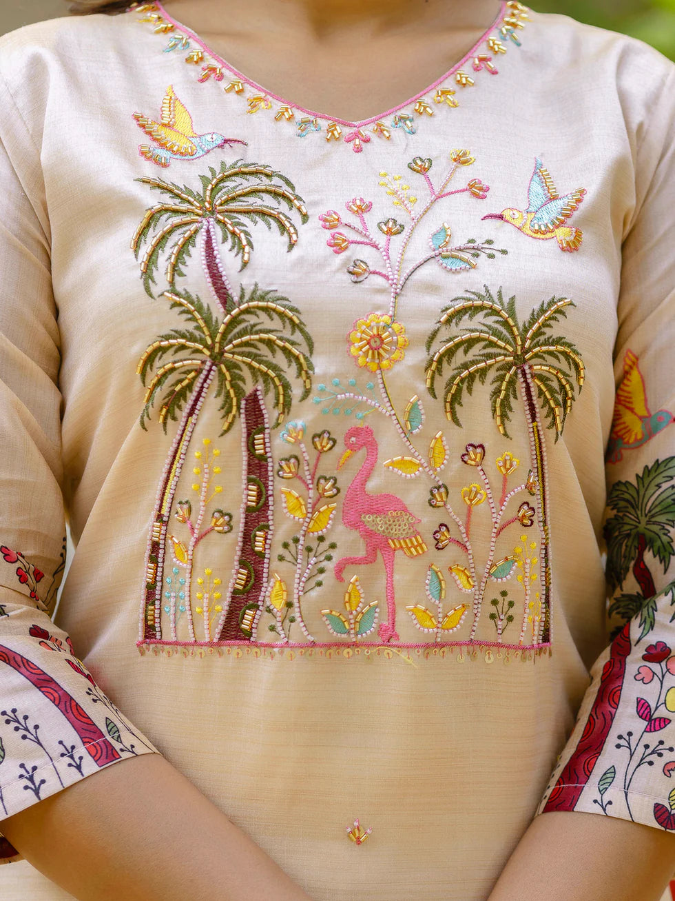 Floral Embroidered Silk V Neck Kurta Trouser & Dupatta Set