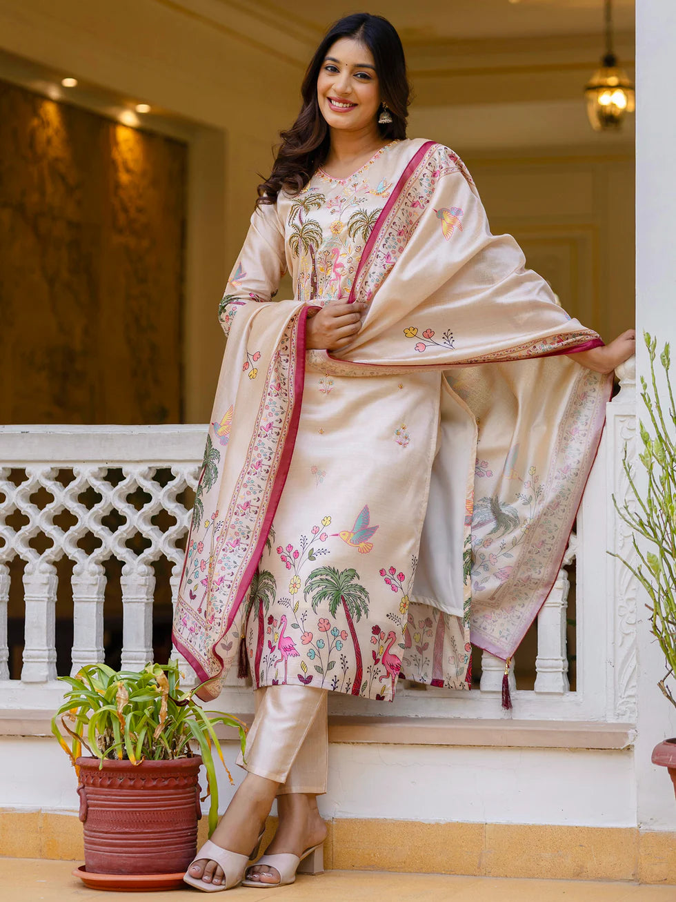 Floral Embroidered Silk V Neck Kurta Trouser & Dupatta Set