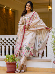 Aarini Beige Tropical Printed Kurta Set with Scenic Dupatta