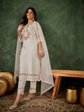 Floral Embroidered Silk Blend V Neck Kurta Trouser & Dupatta Set