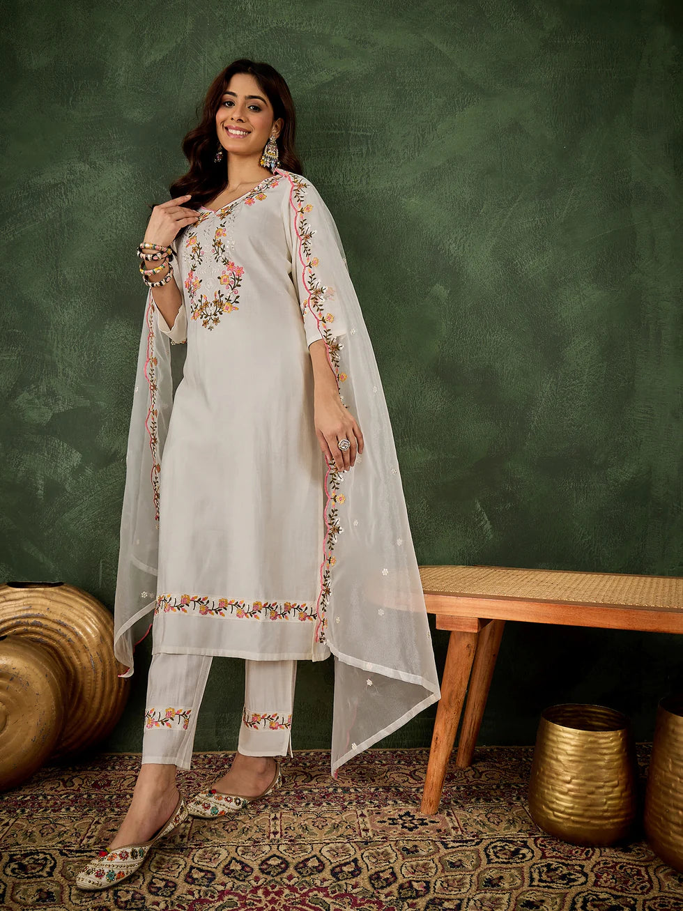 Floral Embroidered Silk Blend V Neck Kurta Trouser & Dupatta Set